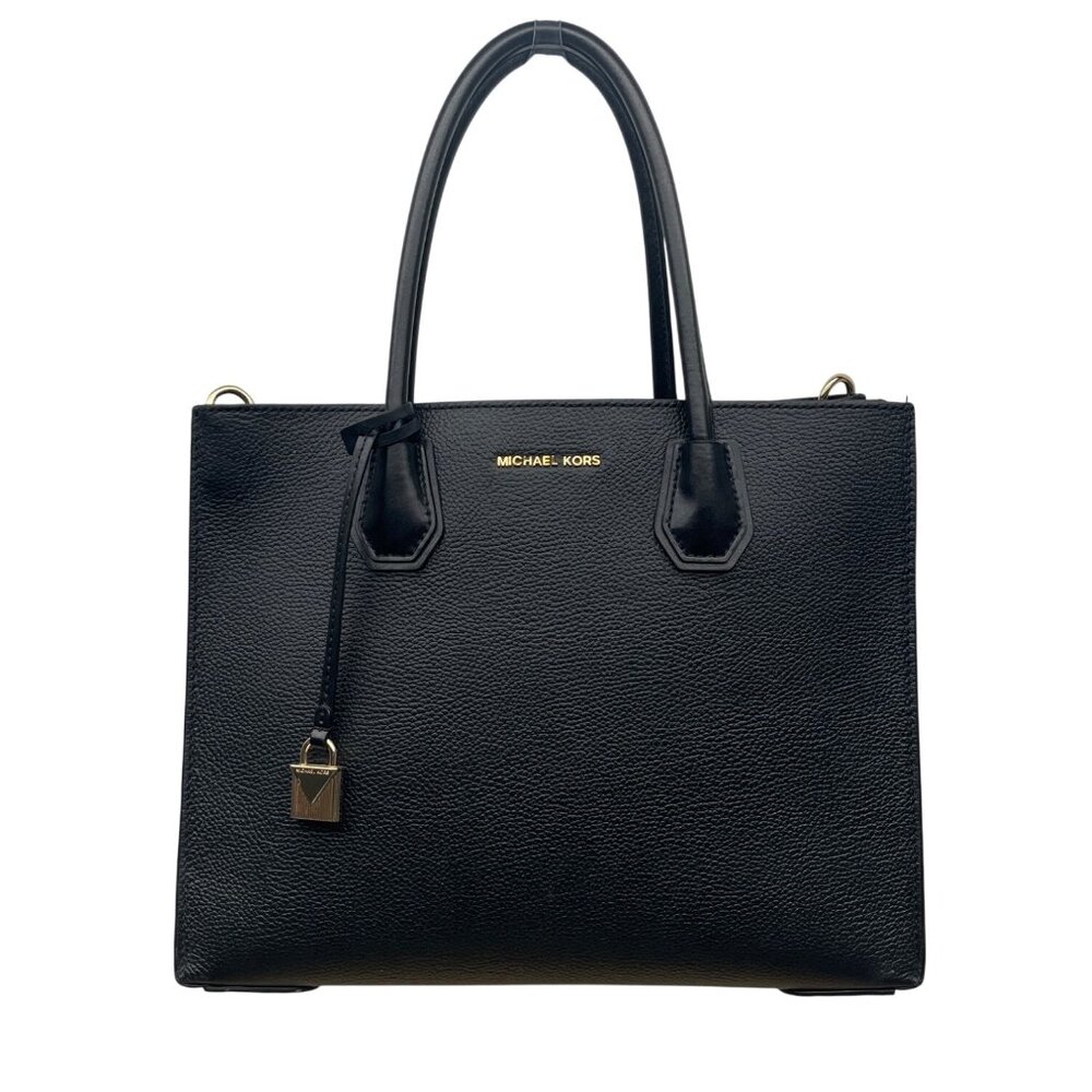 Michael Kors Black Pebbled Leather Satchel  With Gold Hardware & Charm Tote Bag